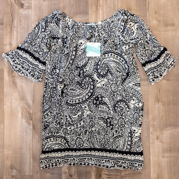 UMGEE Summer Dress / Off Shoulder Coverup Beachwear / Black + White Floral Print - Picture 2 of 4